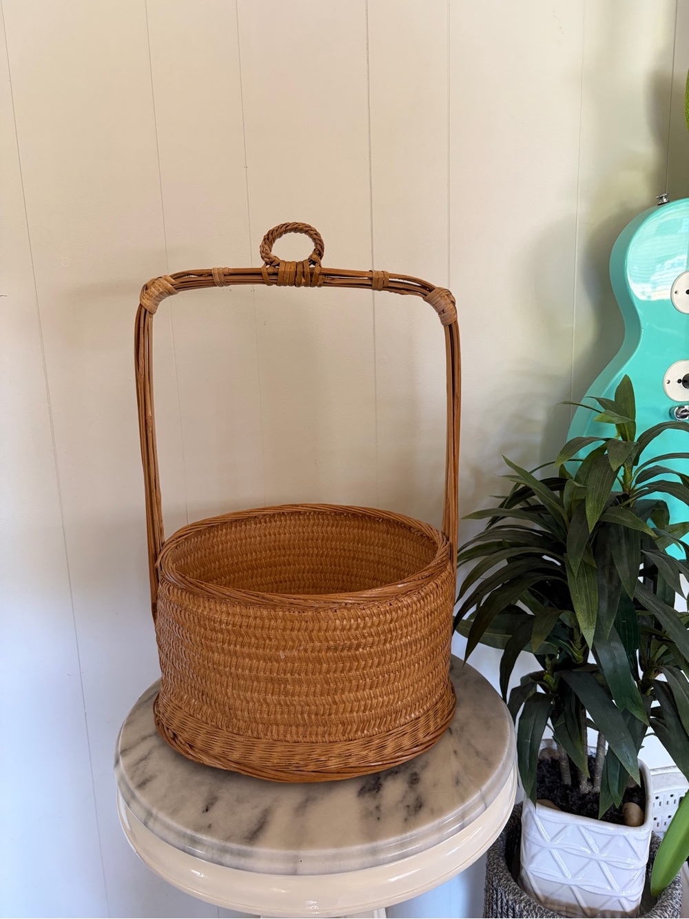 Vintage Wicker Rattan Market Basket Tall Handle Boho Farmhouse Cottagecore Decor